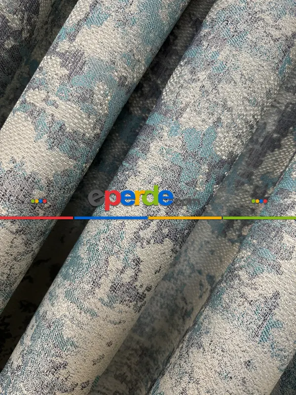 Yatak Odası - PatineDesenli Petrol Turkuaz Yeşil Desenli Jakar Fon Perde (180)- Antrasit