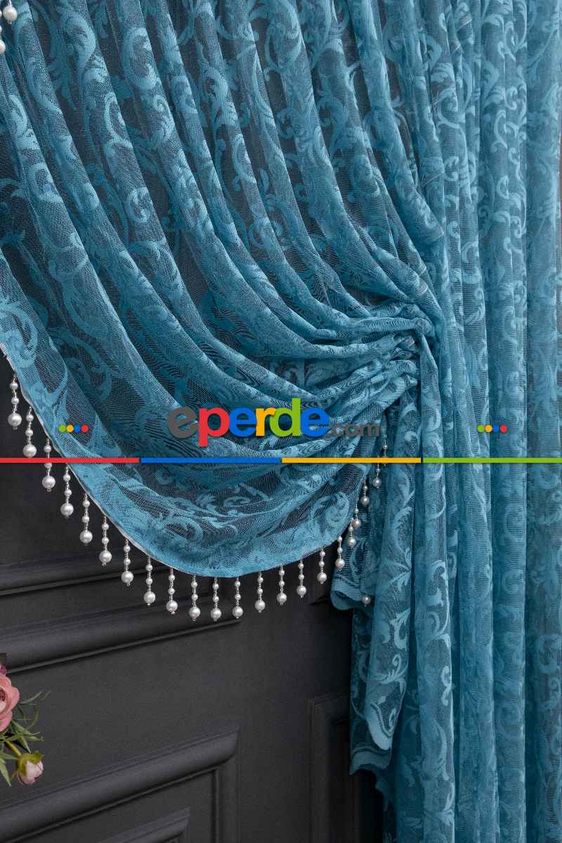 Petrol Mavi Sarmaşık Desen Tül Kruvaze Şal Tül Perde Yanki Tül - Düz Model Sipariş Seçeneği - Yatak Odası Tül