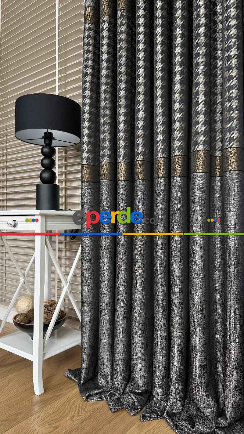 Antrasit Gri Altın Fon Perde, Pano Kazayağı Desenli Jakar Dokuma Fon Perde