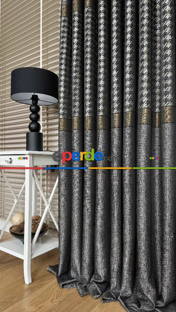 Antrasit Gri Altın Fon Perde, Pano Kazayağı Desenli Jakar Dokuma Fon Perde