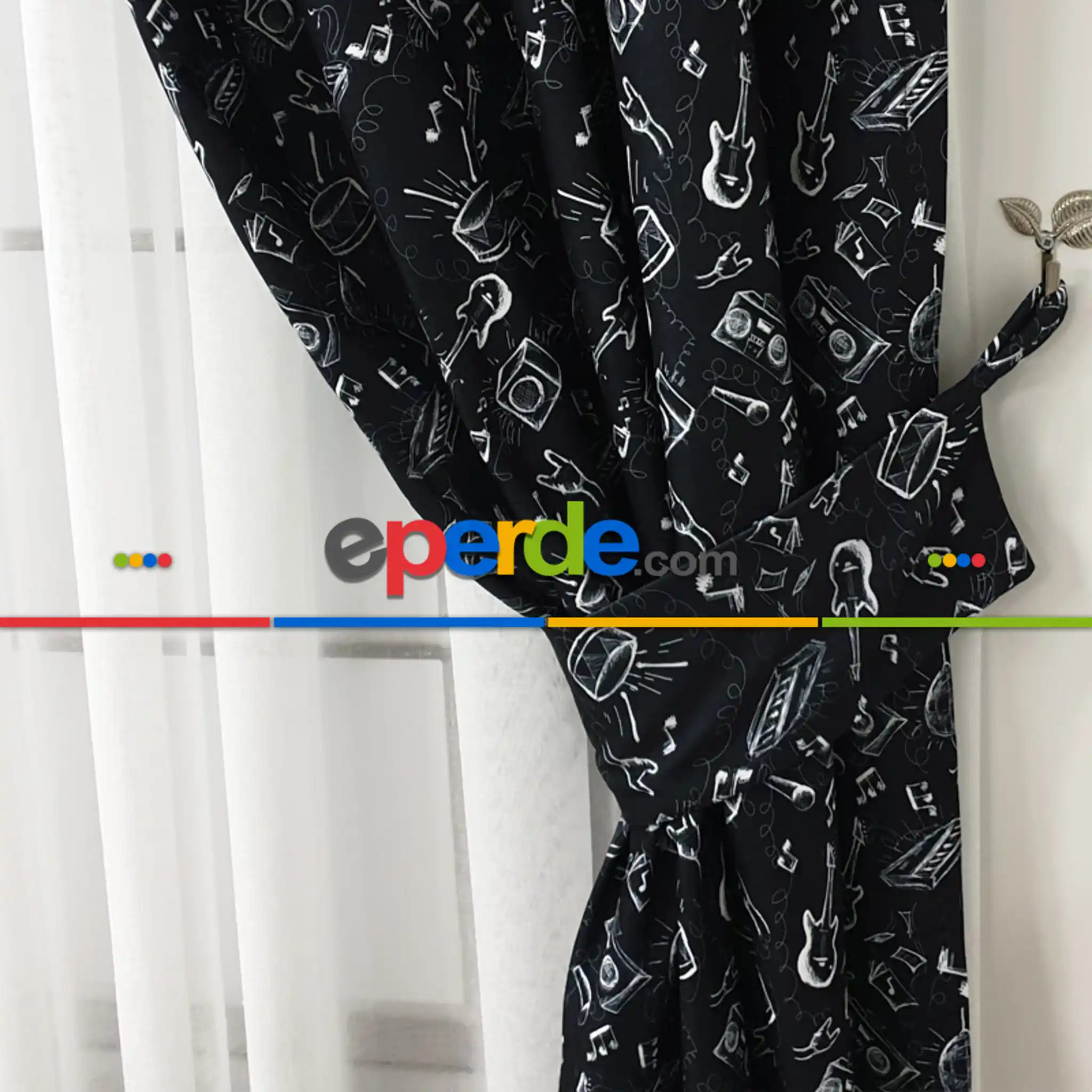 Müzik Aletleri Desenli Fon Perde Evm406 Kumaşı Kalındır Duck Bezi Değildir-  Çok Renkli 2