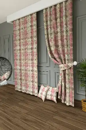 Dökümlü Kumaştan Renkli Yapraklar Baskılı Fon Perde- Pembe-kahve Açık-ekru
