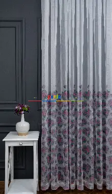 Hazır Ölçülü Petek Zemin Pembe Renkli Kalpli Ve Çiçek Desenli Grek Baskılı Tül Perde 190cm X 255cm 