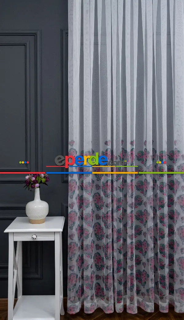 Hazır Ölçülü Petek Zemin Pembe Renkli Kalpli Ve Çiçek Desenli Grek Baskılı Tül Perde 190cm X 255cm 
