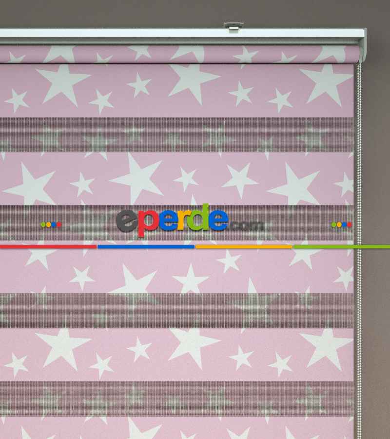 Pembe Yıldız Desenli Baskılı Zebra Perde