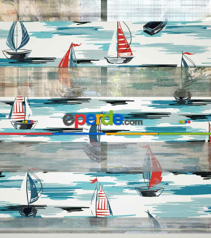 Yelkenli Desen Baskılı Zebra Perde- Çok Renkli