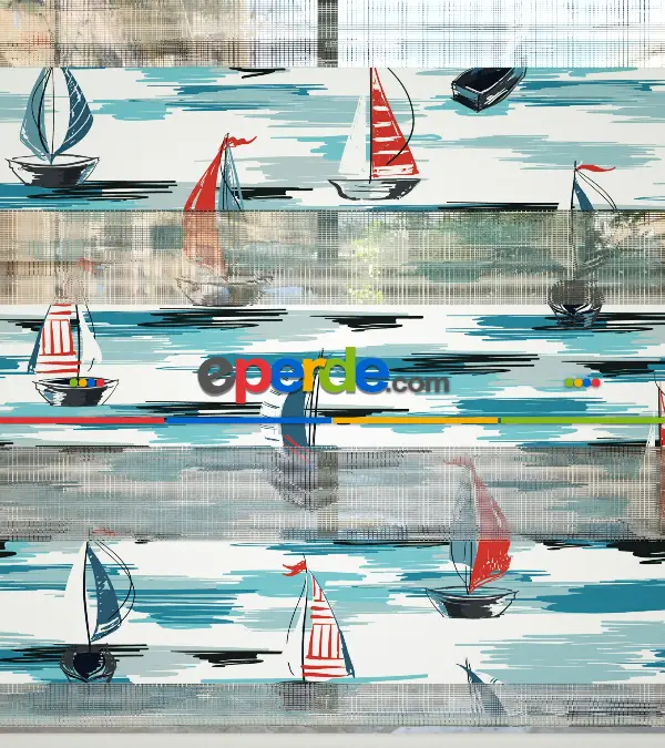 Çocuk Odası Zebra Perde - Yelkenli Desen Baskılı Zebra Perde- Çok Renkli