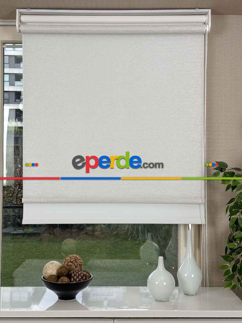 Ekru Gümüş Simli Çiftli Sistem Tül Stor Perde, Standart Metal Kasalı Yüksek Kalite Kornişe Kolay Montaj Seçenekli