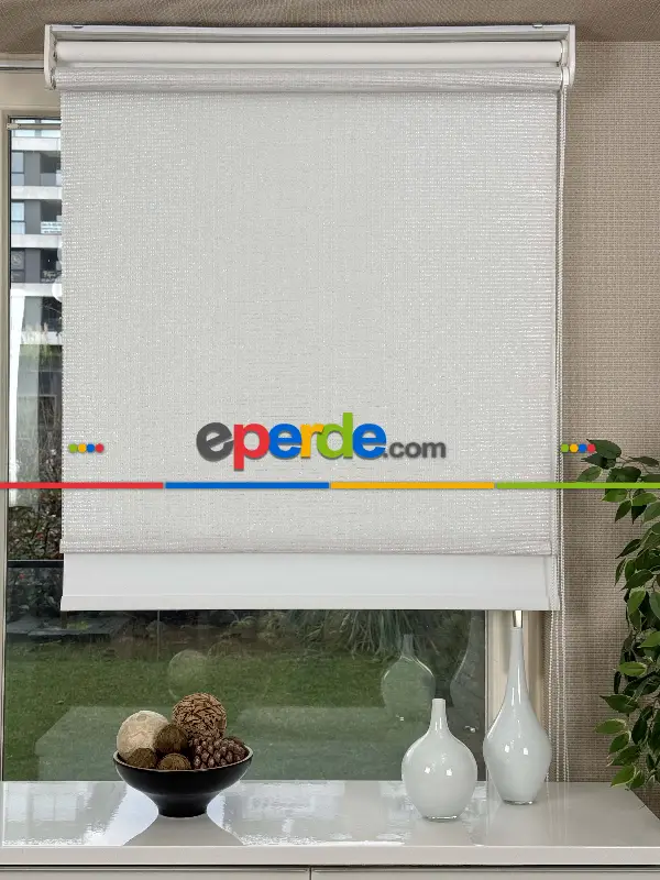 Ekru Gümüş Simli Çiftli Sistem Tül Stor Perde, Standart Metal Kasalı Yüksek Kalite Kornişe Kolay Montaj Seçenekli