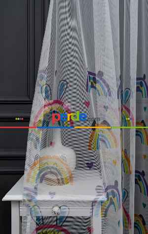 Hazır Ölçülü Petek Zemin Sarı - Pembe Renkli Gökkuşağı Ve Sevimli Hayvanlar Desenli Grek Baskılı Tül Perde