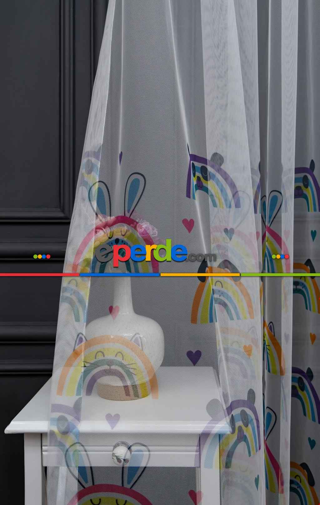 Hazır Ölçülü Petek Zemin Sarı - Pembe Renkli Gökkuşağı Ve Sevimli Hayvanlar Desenli Grek Baskılı Tül Perde