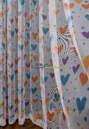 Hazır Ölçülü Petek Zemin Turuncu Ve Mavi Renkli Kalpler - Puantiye Desenli Grek Baskılı Tül Perde