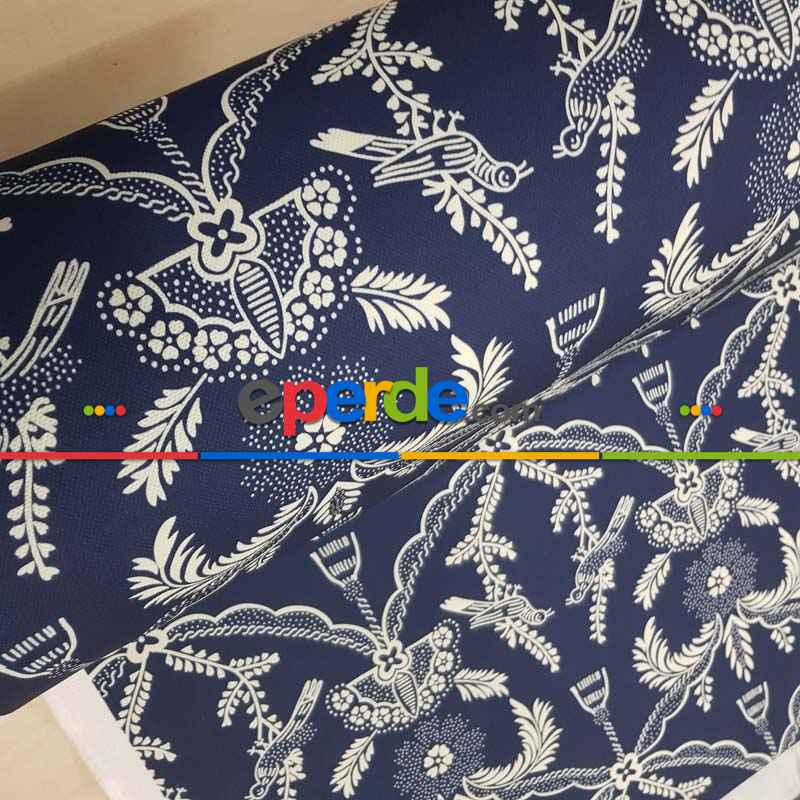 Lacivert Beyaz Kuş Desenli Fon Perde Evm716 Kumaşı Kalındır Duck Bezi Değildir- Lacivert-Beyaz