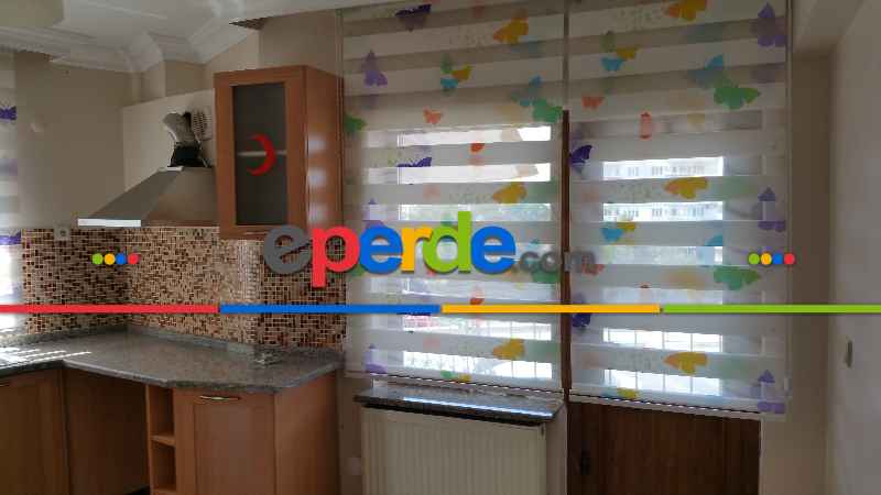 Renkli Kelebek Zebra Perde- Mavi-beyaz- Çok Renkli 3