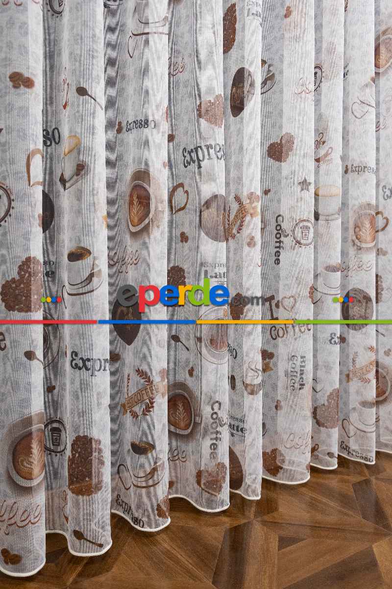 Mutfak Perdesi Kahve Fincan Desenli Tasarım Desen Model Kafe Tül Perdesi - Kurşunlu Tül