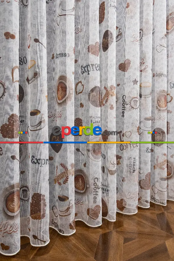 Mutfak Perdesi Kahve Fincan Desenli Tasarım Desen Model Kafe Tül Perdesi - Kurşunlu Tül