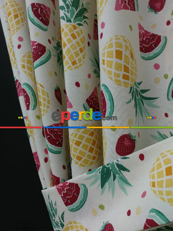 Karpuz-ananas-çilek Desenli Fon Perde (leke Tutmaz )- Kırmızı-hardal Sarısı