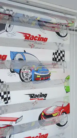 Arabalı Desen Zebra Perde Kırmızı-mavi-siyah- Siyah-mavi-kırmızı