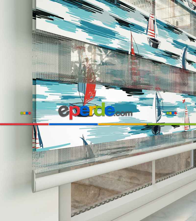 Yelkenli Desen Baskılı Zebra Perde- Çok Renkli