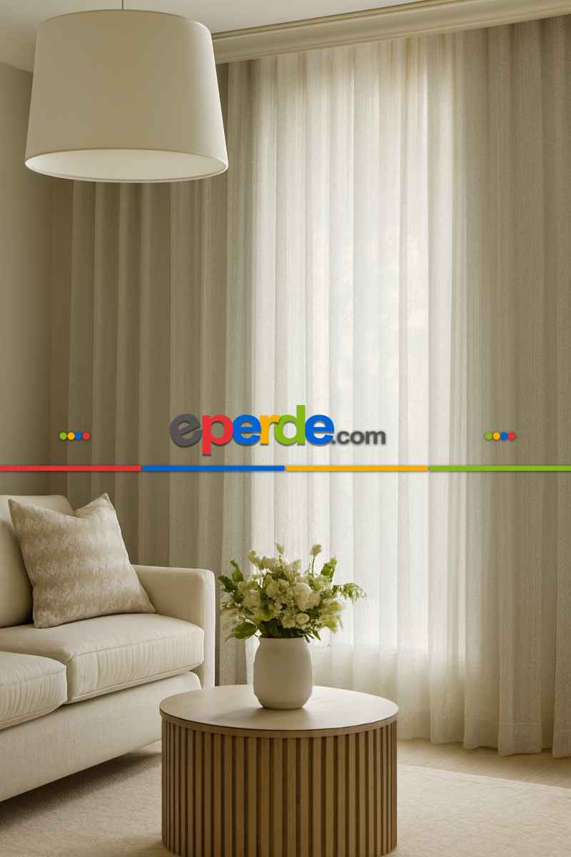 Armür Zemin Balık Sırtı Desen Boydan Çizgili Tül - Krem-bej