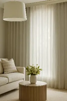 Oturma Odası - Armür Zemin Balık Sırtı Desen Boydan Çizgili Tül - Krem-bej