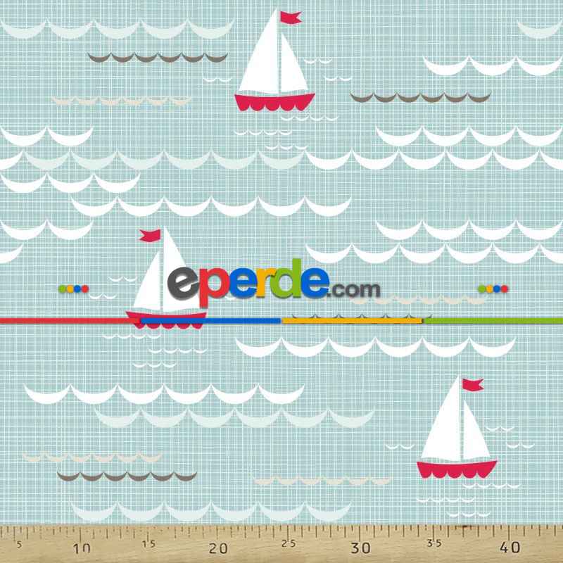 Bebek Odası Fon - Marine Kayık Desenli Fon Perde Evm670 Kumaşı Kalındır Duck Bezi Değildir- Mavi
