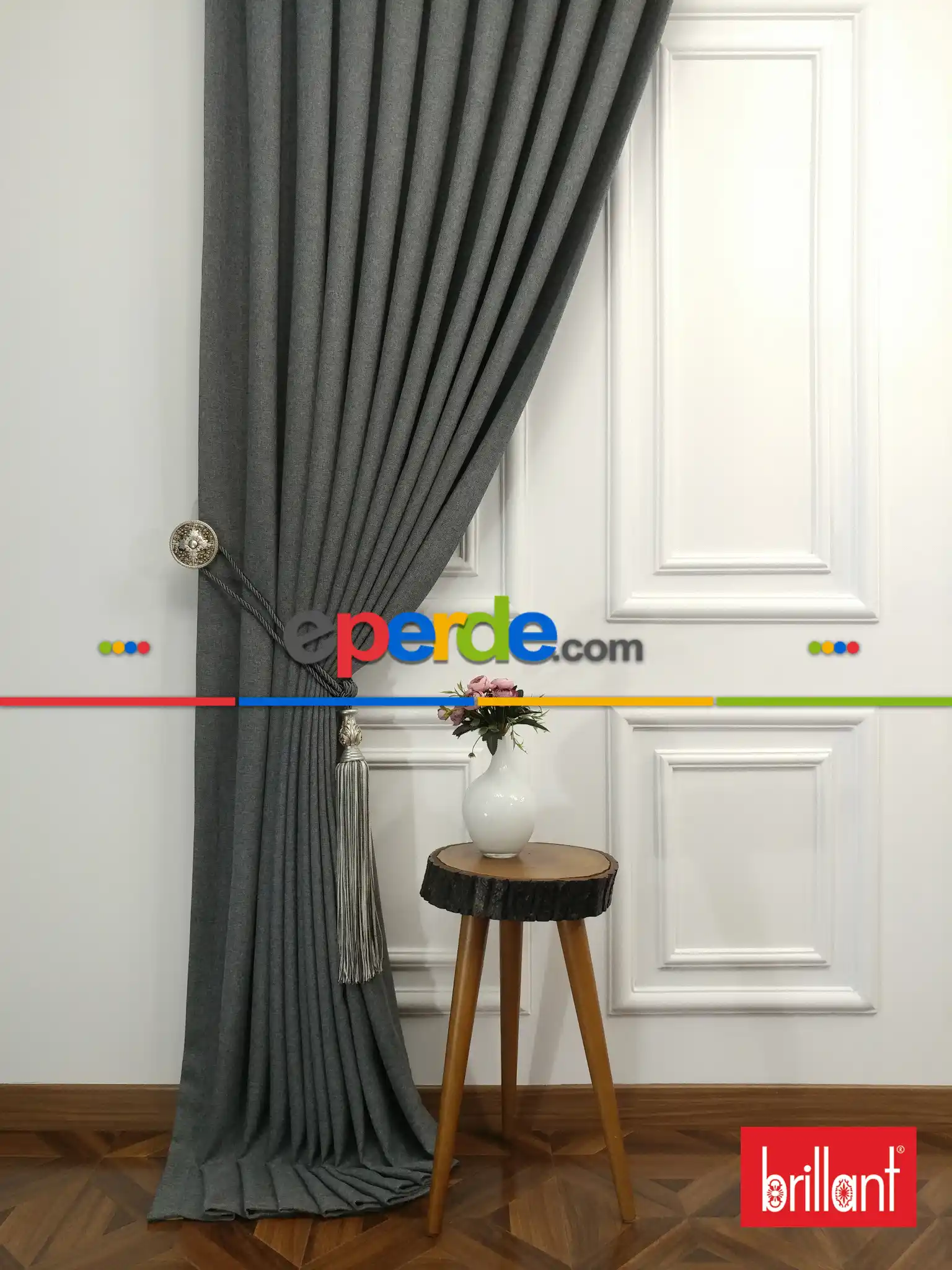 Salon - Brillant Keten Gri Renk Düz Fon Perde - Gri-Füme-Antrasit