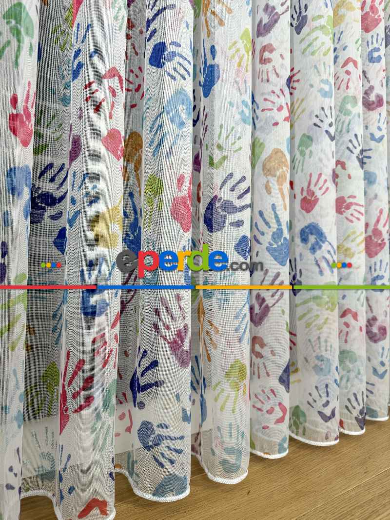 Bebek Odası Tül Perde - Çok Renkli El Baskılı Tül Perde, Çocuk-bebek Odası, Premium Seri