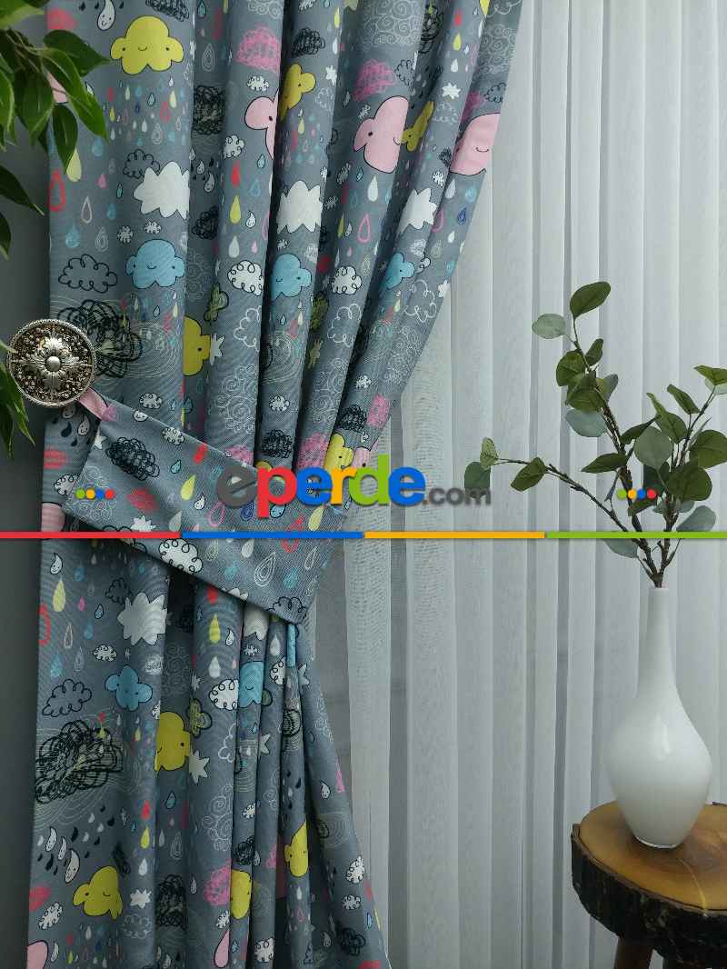 Bulut Ve Damla Desenli Fon Perde Evm680 Kumaşı Kalındır Duck Bezi Değildir- Siyah-Gri-Füme-Antrasit-Sarı