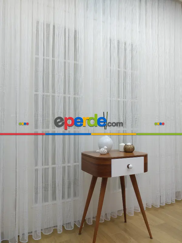 Ekru Zincir Çizgili Tül Perde- Ekru - Kurşunlu Tül