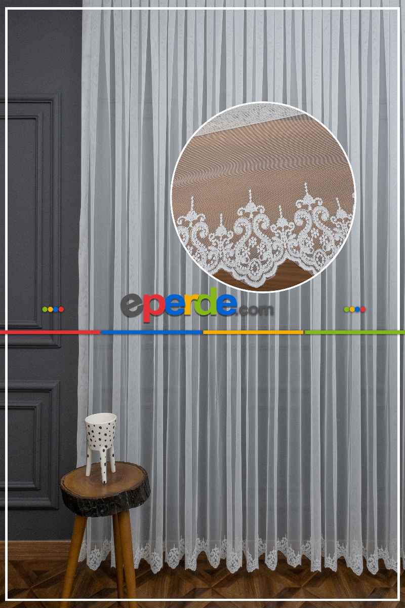 Grek Zemin Üzerine Eteği Kabartma Nakış İşlemeli Tül Perde Ekru