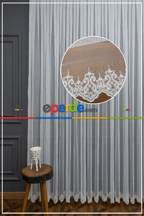 Grek Zemin Üzerine Eteği Kabartma Nakış İşlemeli Tül Perde Ekru