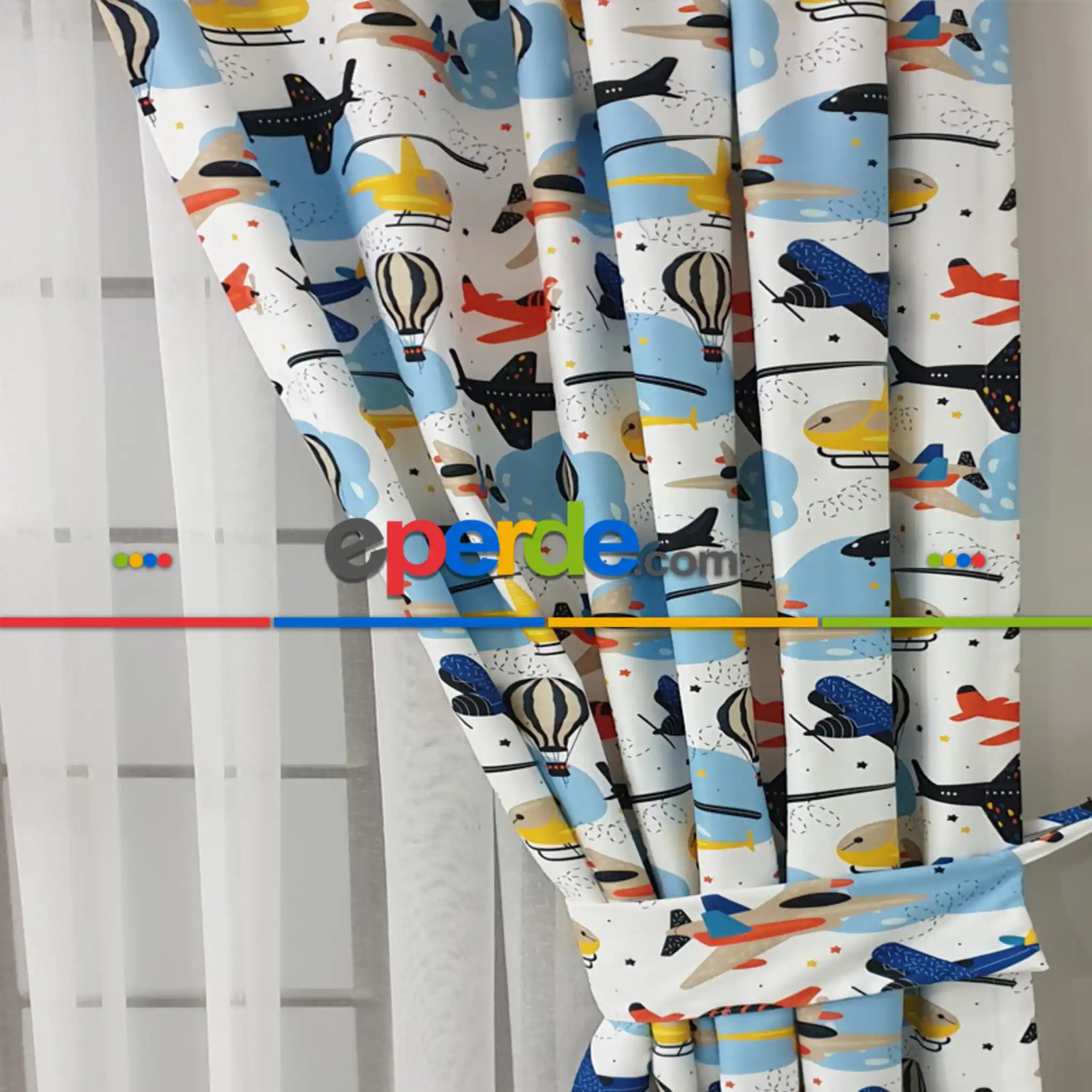 Bebek Odası Fon - Uçak Helikopter Desenli Fon Perde Evm801 Kumaşı Kalındır Duck Bezi Değildir- Siyah