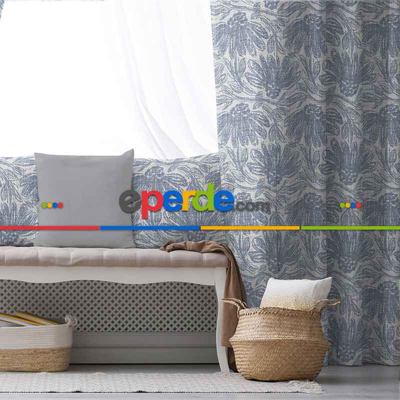 Salon Fon Perde Evim1607 Kumaşı Kalındır Duck Bezi Değildir- Mavi-beyaz