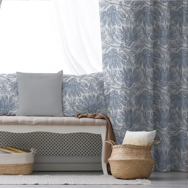 Salon Fon Perde Evim1607 Kumaşı Kalındır Duck Bezi Değildir- Mavi-beyaz