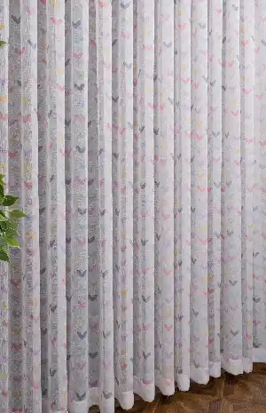 Çocuk Odası - Renkli Kalpler Desenli Keten Zemin Baskılı Tül Perde (( Açıklamayı Okuyunuz ))