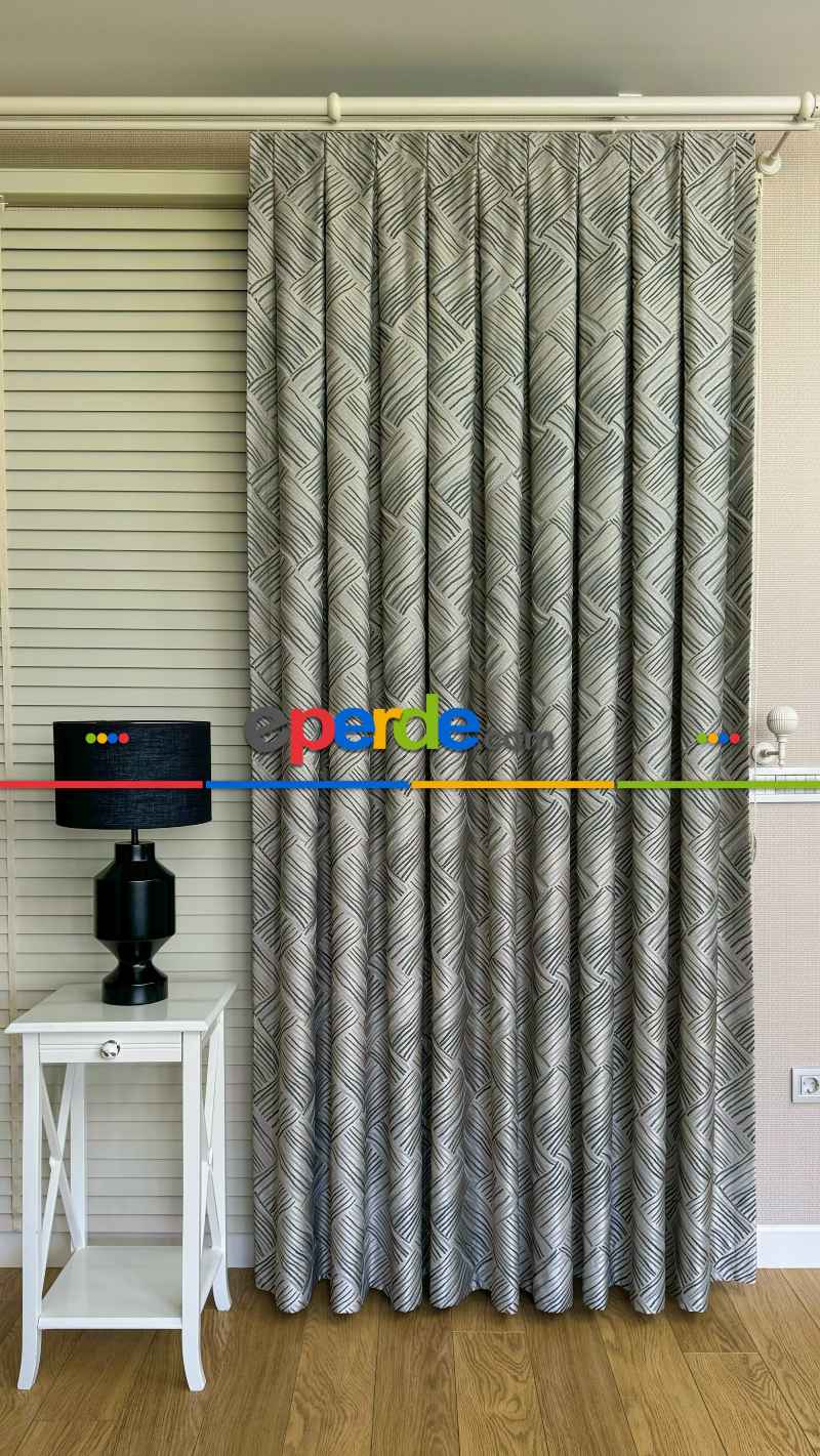 Gri / Petrol Yeşil Çizgili Desen Premium Jakar Dokuma Fon Perde