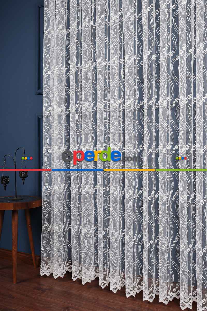 Es Brode Nakış İşlemeli Tül Perde - Çiçek Desenli