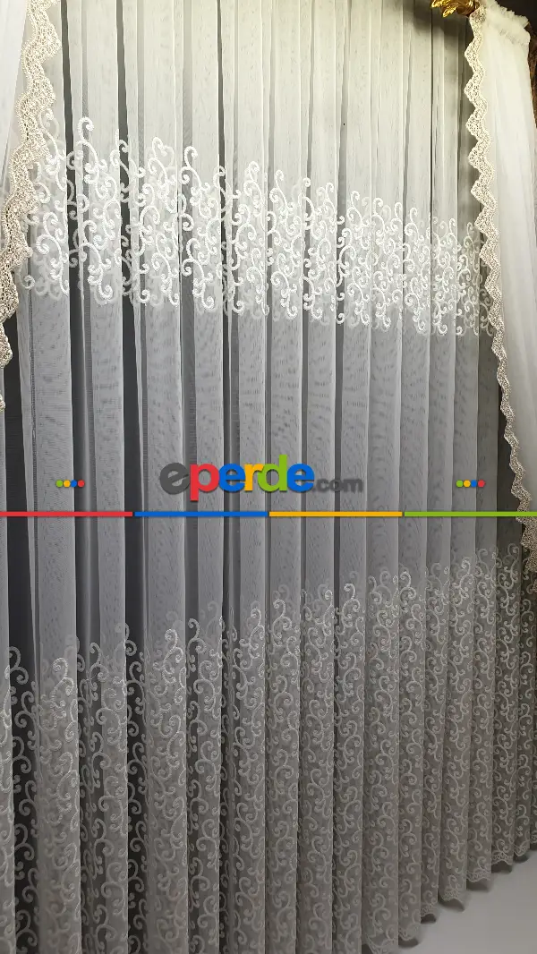 Sarmaşık Şal Desen İşlemeli Tasarım Model Etek Geniş Desen Ara Desenli Tül Perde