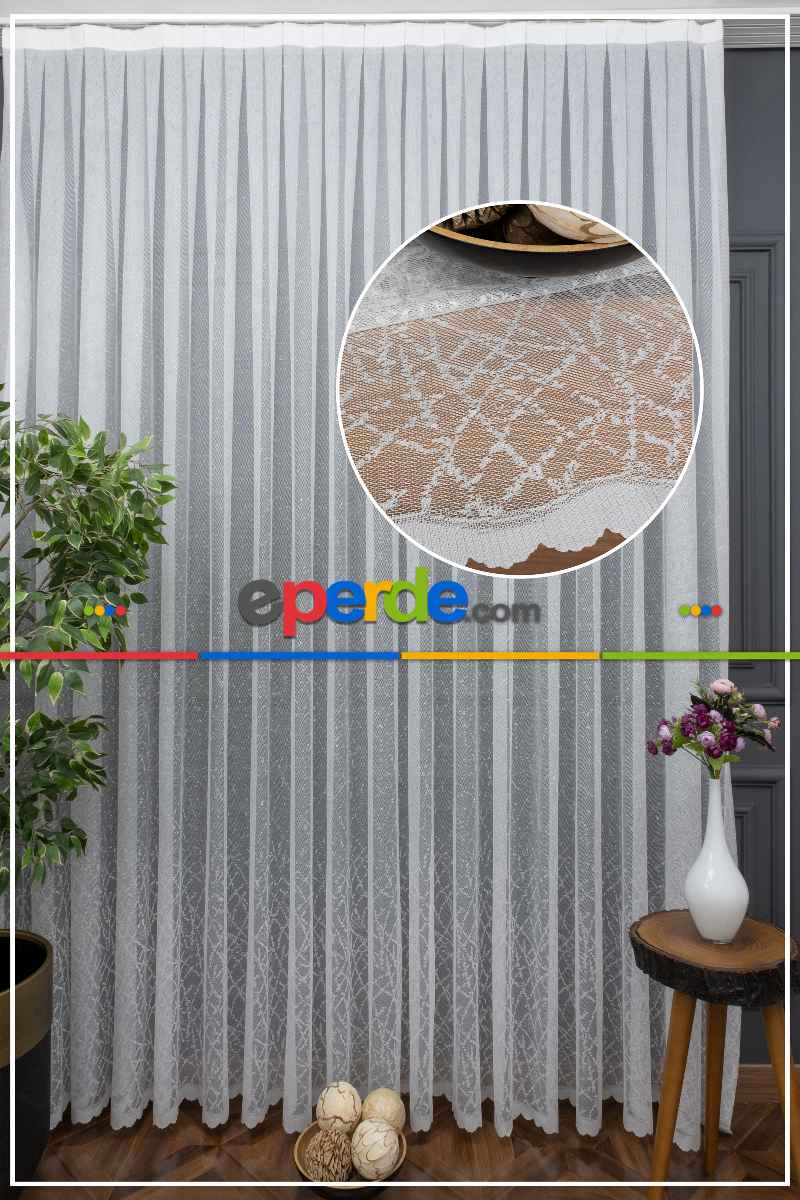 Etek Ucu Örme Desenli Tül - Ekru