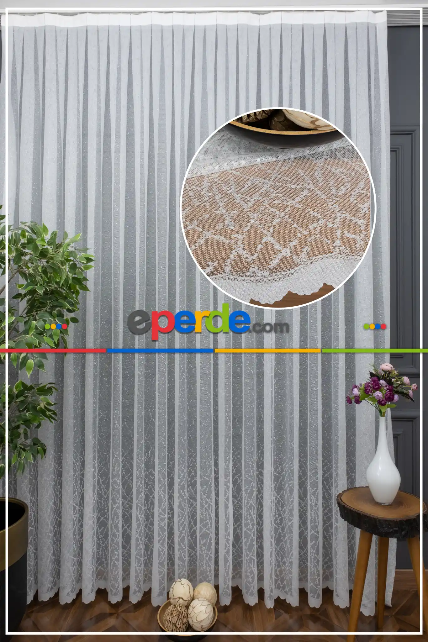 Etek Ucu Örme Desenli Tül - Ekru