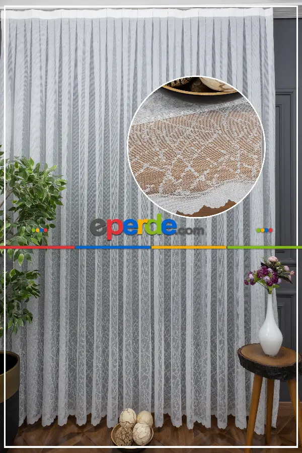 Etek Ucu Örme Desenli Tül - Ekru