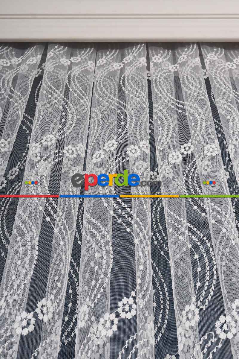 Es Brode Nakış İşlemeli Tül Perde - Çiçek Desenli