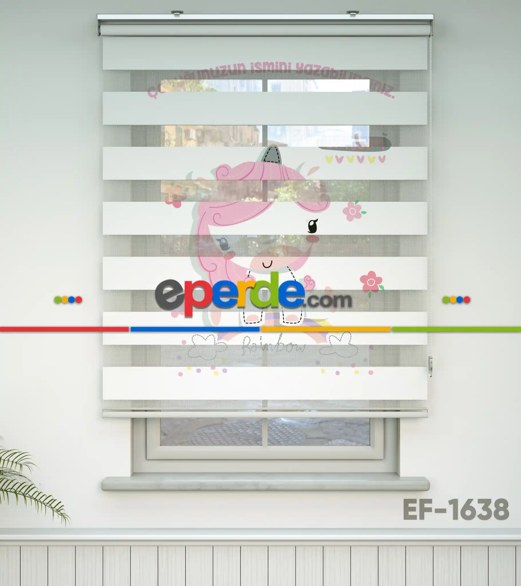 Bebek Odası Zebra -  Unicorn Desenli Özel Baskılı Zebra Perde- Çok Renkli