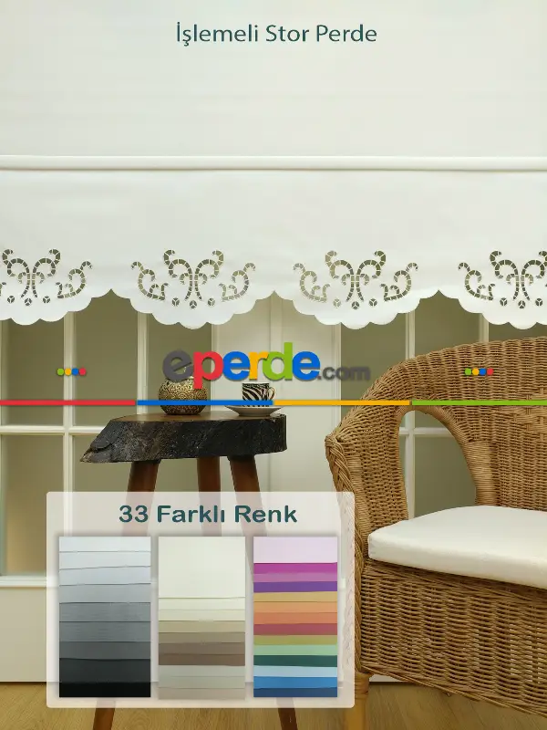 Salon Stor - Nakış İşlemeli Stor Perde 33 Farklı Renk Seçeneği- Gri-füme-antrasit-beyaz-krem-ekru-çok Renkli