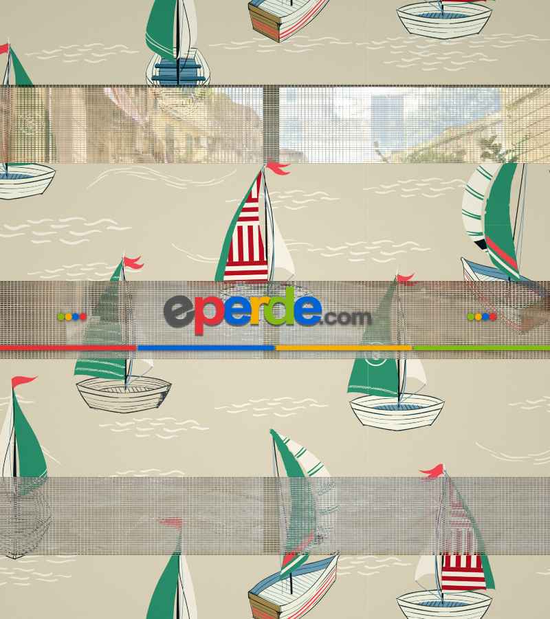 Gemi Desen Baskılı Zebra Perde- Yeşil-kırmızı-bej