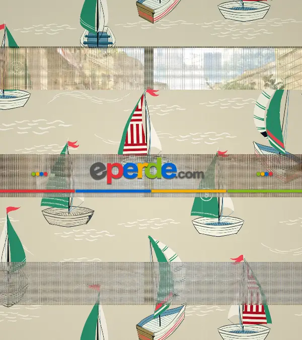 Bebek Odası Zebra Perde - Gemi Desen Baskılı Zebra Perde- Yeşil-Kırmızı-Bej