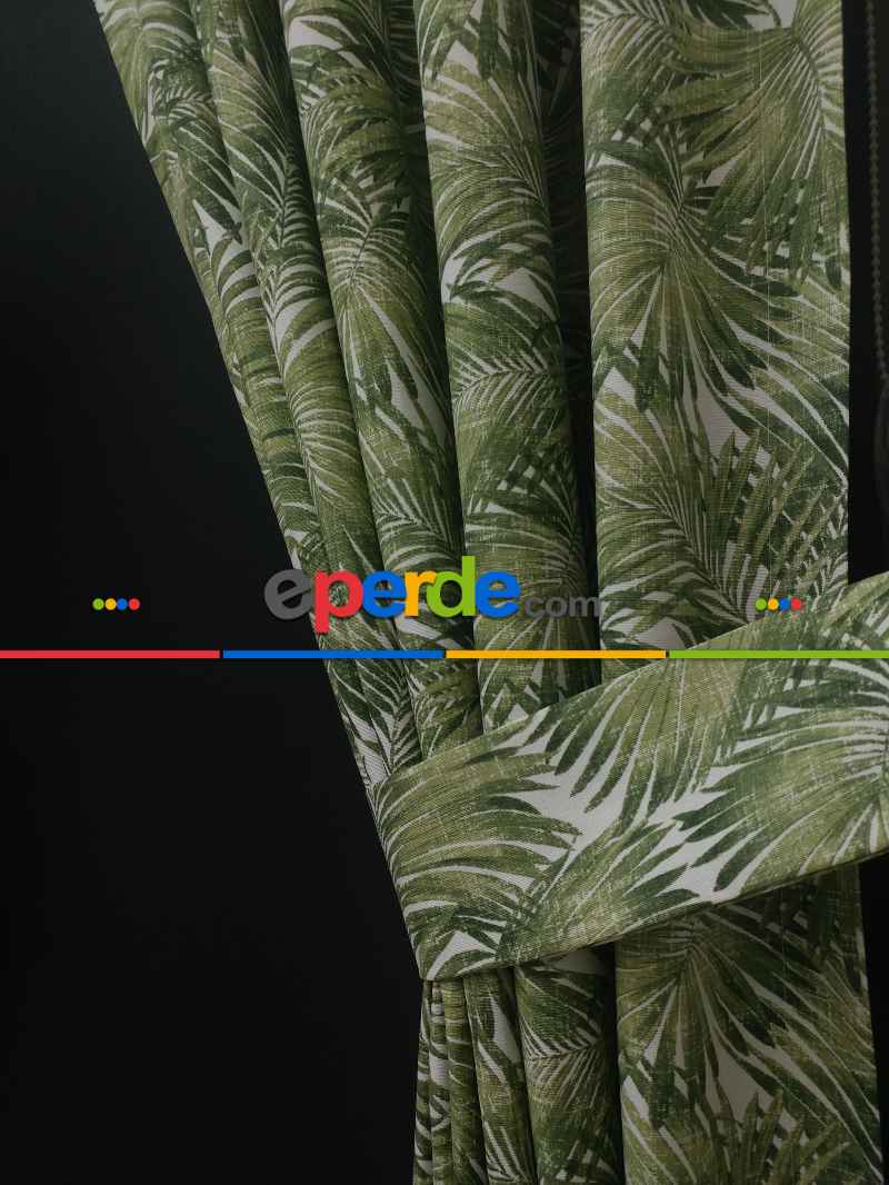 Tropikal Yaprak Desenli Fon Perde(leke Tutmaz)- Yeşil-beyaz