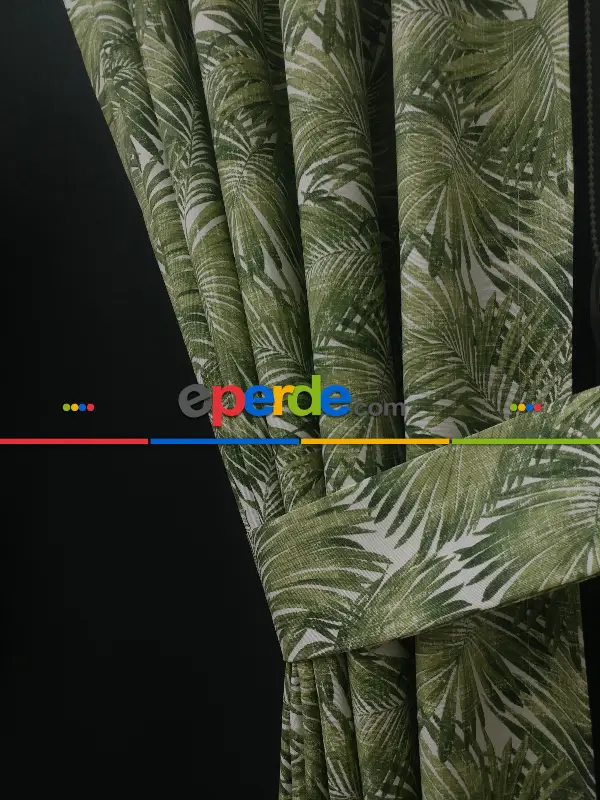 Salon Fon Perde - Tropikal Yaprak Desenli Fon Perde(leke Tutmaz)- Yeşil