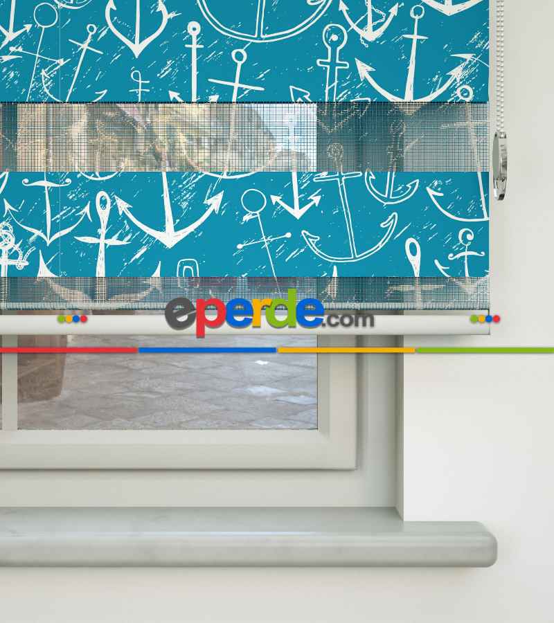 Çocuk Odası Zebra Perde - Çapa Baskılı Zebra Perde- Mavi-Beyaz